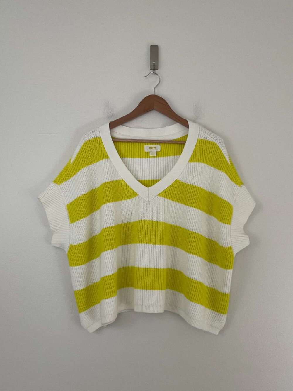 Anthropologie Maeve V Neck Oversized Sweater Tee in Yellow Stripe Size Medium
